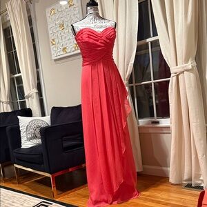 David's Bridal Strapless Coral-Red Chiffon Gown